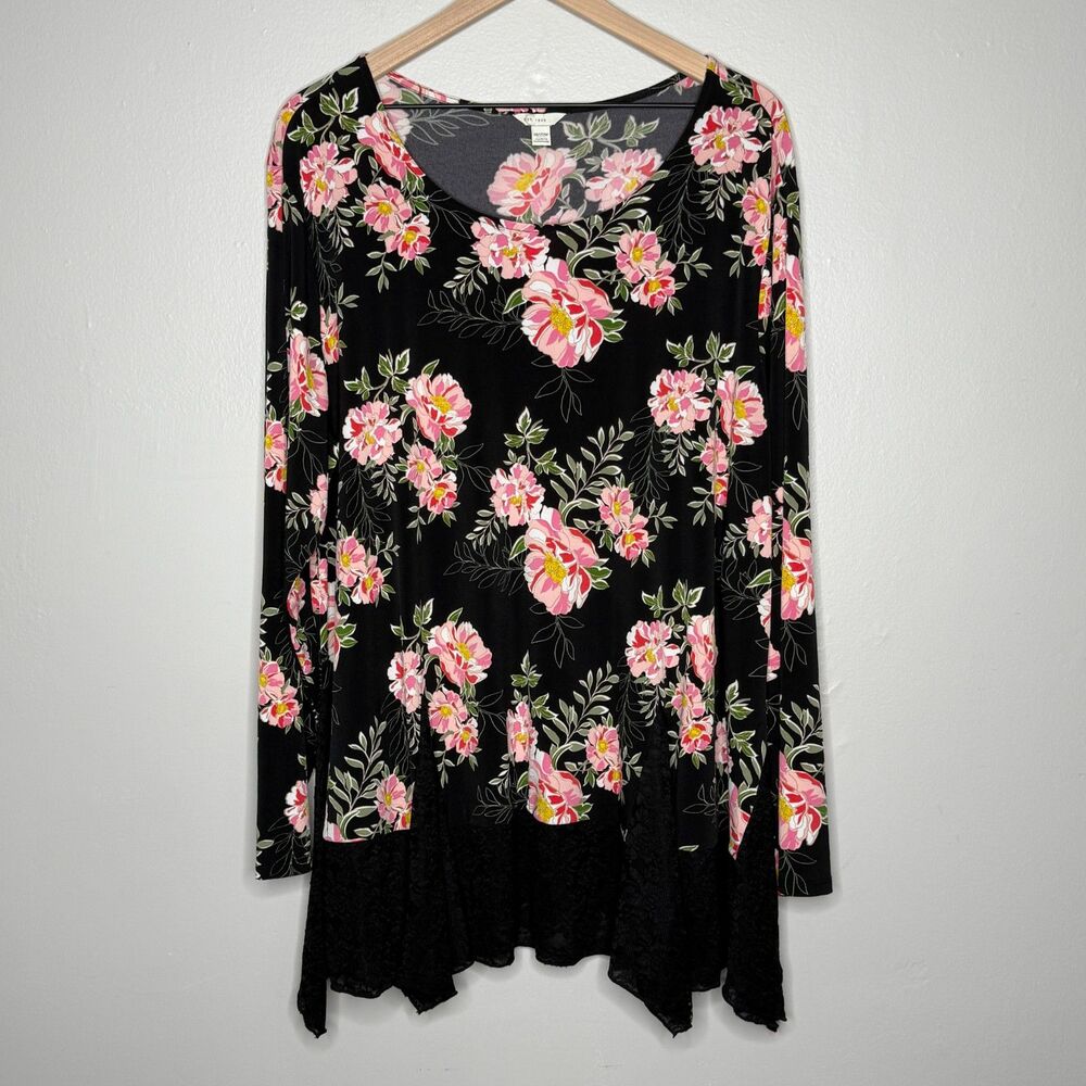 Cato Womens Long Sleeve Top Plus 18/20 Black Pink Floral Lace Trim Flowy Stretch